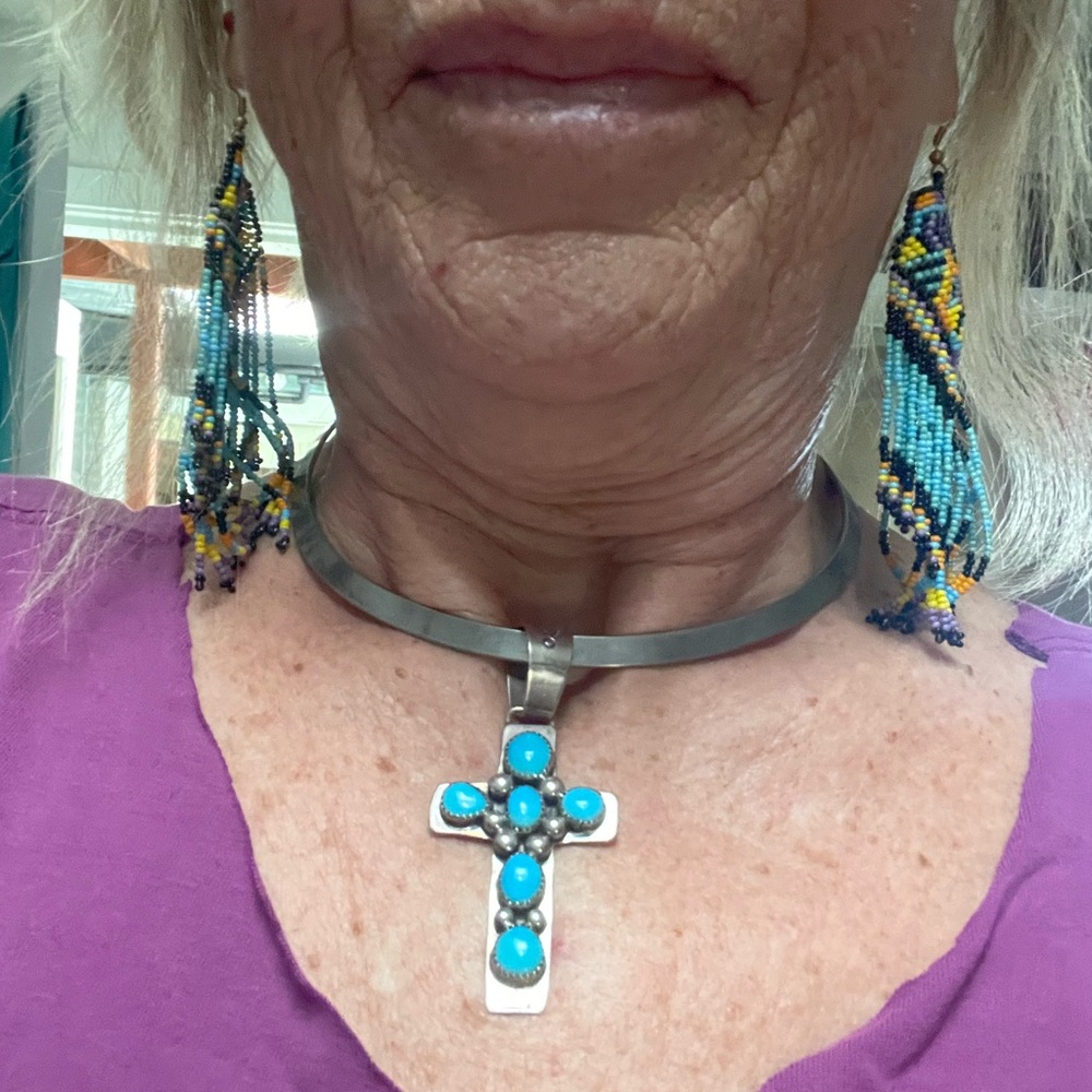 Large Navajo Signed Turquoise and Silver Cross Pendant 🦋 - Picture 9 of 11